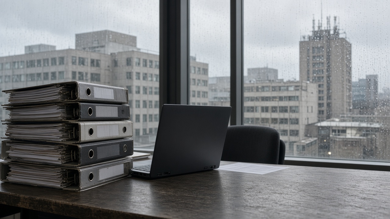 Stack of municipal procurement binders on a conference table beside a laptop, ministry district buildings visible through rainy window, no readable text or logos
