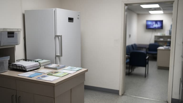 Community pharmacy consultation room with vaccine refrigerator and stacked patient leaflets on a counter, blurred television screen glow from the waiting area, fluorescent lighting, no logos or readable text