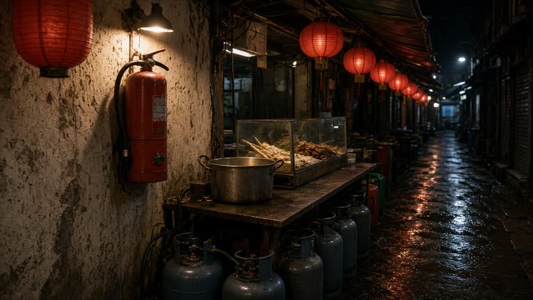 Narrow night-market alley with red paper lanterns, propane tanks tucked under a food stall counter, and a wall-mounted fire extinguisher under warm tungsten light, no logos or readable text