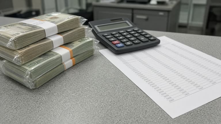 Bank trading floor with NT dollar and US dollar cash straps in a clear plastic bag on a desk beside a calculator and printed rate sheet with blurred numbers, fluorescent office light, no logos or readable text