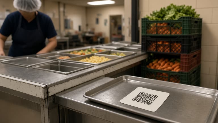 Public school cafeteria lunch line with metal trays and a small printed QR card on the serving counter, warm kitchen lighting and stacked vegetable crates, no logos or readable text