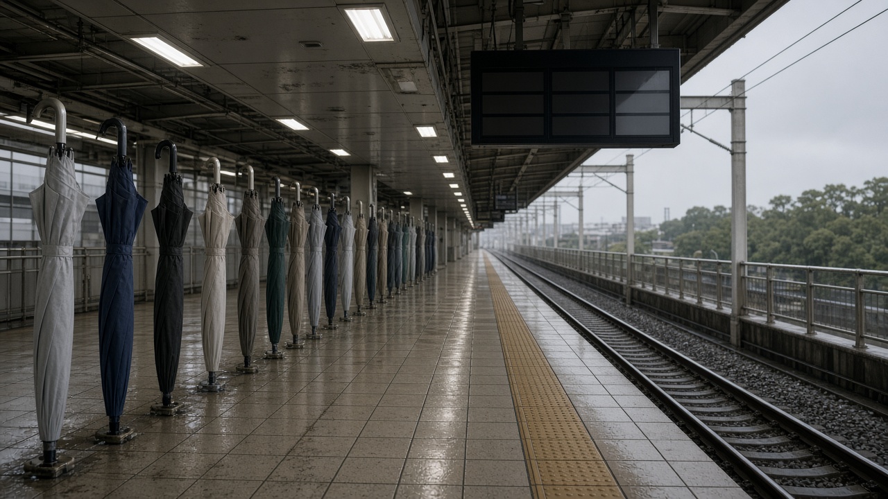 Tokyo-area Shinkansen platform with empty tracks, a digital delay information board showing blank panels without readable text, rows of closed umbrellas on wet tile under grey ceiling lights, no logos or readable text