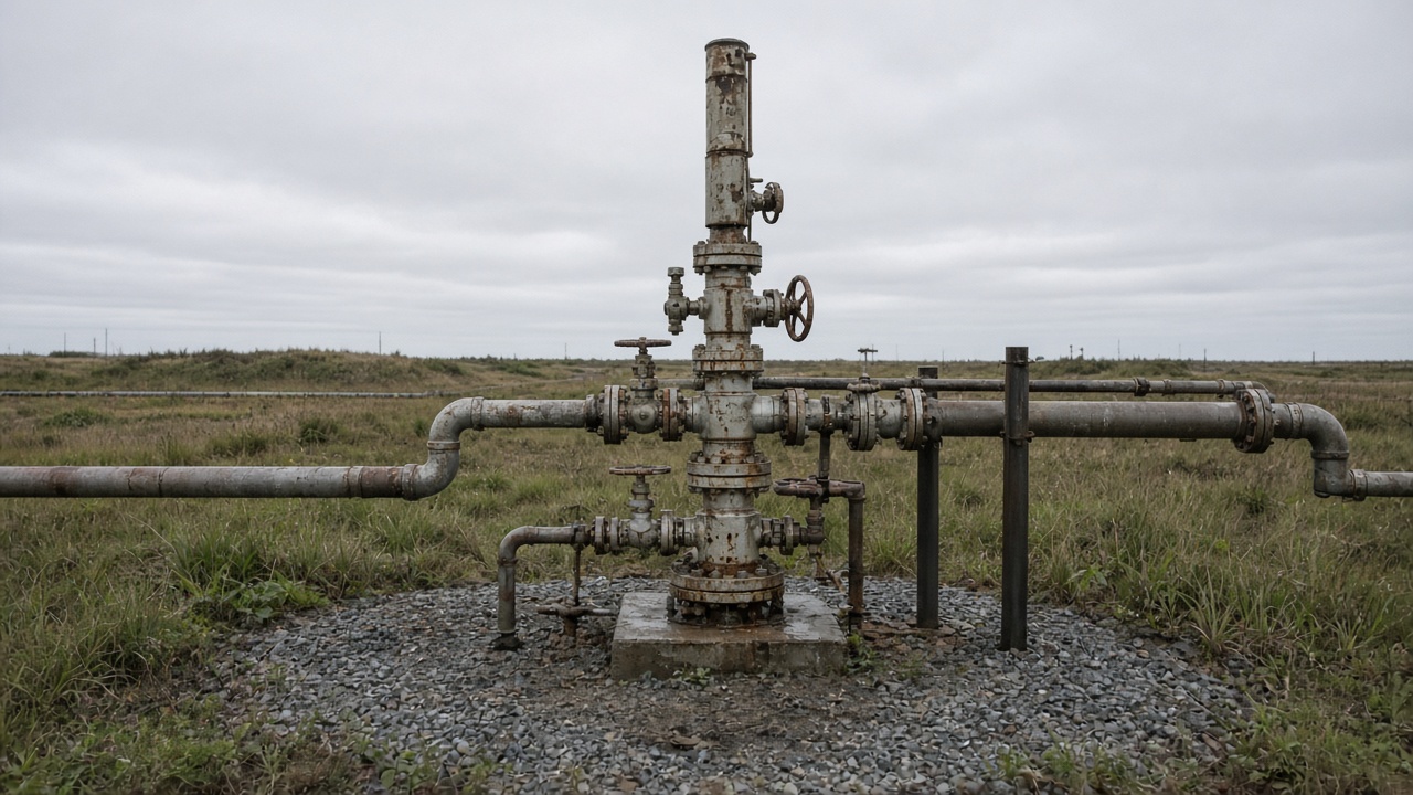 Strategic petroleum reserve wellhead and piping on a gravel pad with low grass and flat overcast sky, industrial hardware slightly weathered, no logos or readable text