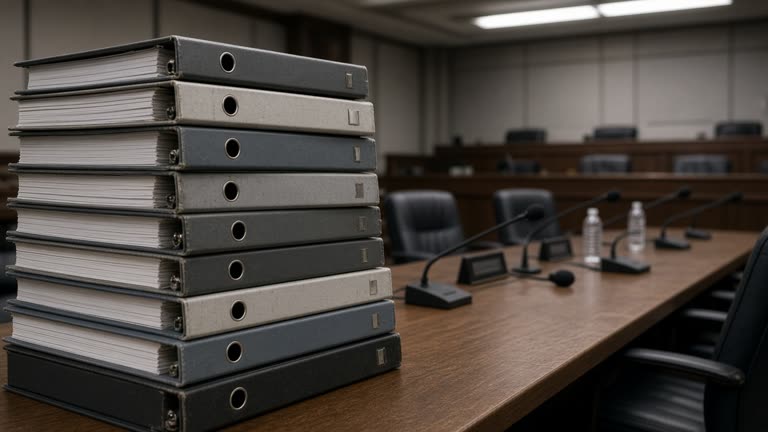 Stacks of budget binders on a wooden table in a legislative committee room with empty microphones and blurred nameplates, overhead fluorescent lighting, no logos or readable text