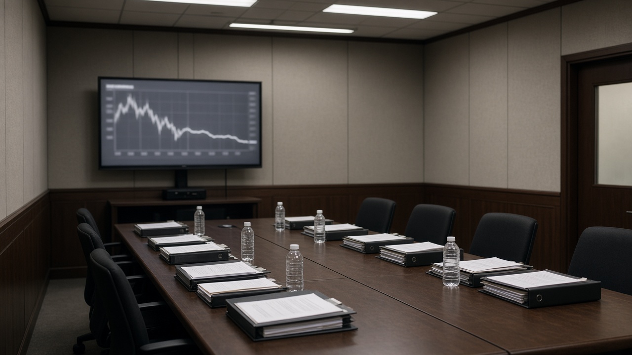 Ministry of Finance style briefing room with a long table of binders and a wall monitor showing blurred yield curve graphics, fluorescent lighting, wood trim, no logos or readable text