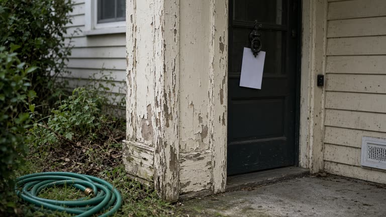 Suburban front door with a plain paper enforcement notice tucked under the knocker, garden hose coiled on damp lawn, overcast morning light, peeling paint on door frame, no logos or readable text