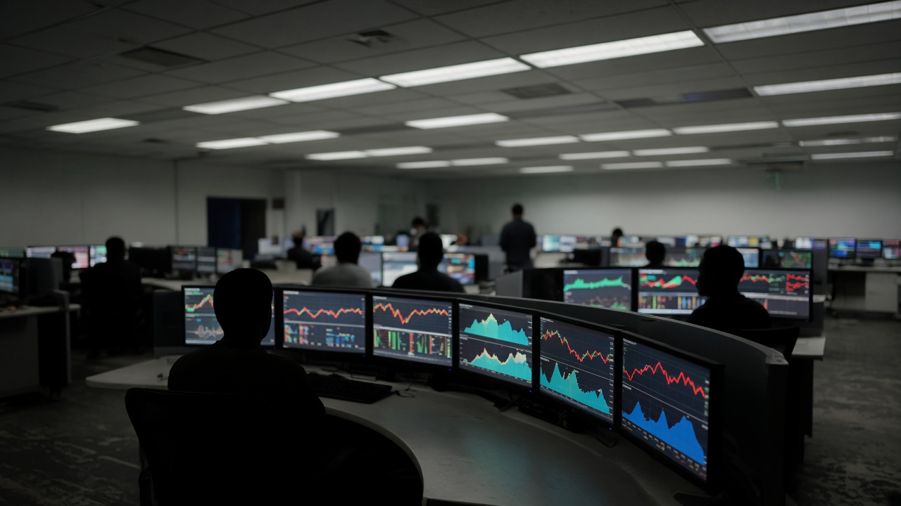 Government bond trading floor with curved desk monitors showing color price charts without readable numbers, overhead fluorescent panels, traders as silhouettes, no logos or readable text