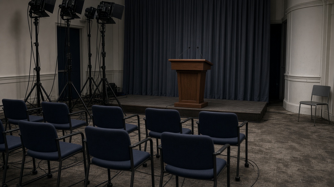 Empty White House press briefing room chairs facing a wooden podium under flat television lights, scuffed carpet and cable runs, no logos or readable text