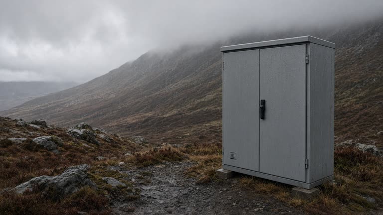 Grey telecom equipment cabinet beside a wind-scoured Highland mast base, heather and cloud on distant slopes, overcast daylight, rain on metal panels, no logos or readable text