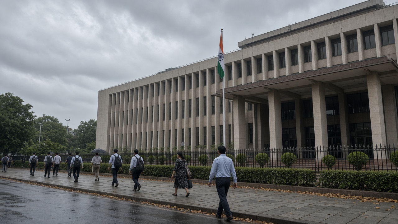 Election Commission of India building facade in New Delhi with tricolor flag, pedestrians on sidewalk, overcast monsoon sky, documentary wire photo, slight underexposure