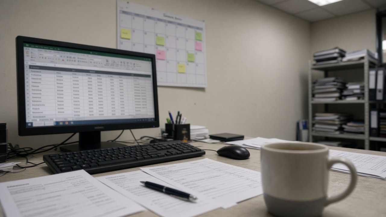 Small business back office with computer showing blurred payroll tables, printed payslips and a wall calendar, fluorescent lighting, coffee mug on desk, no readable text or logos