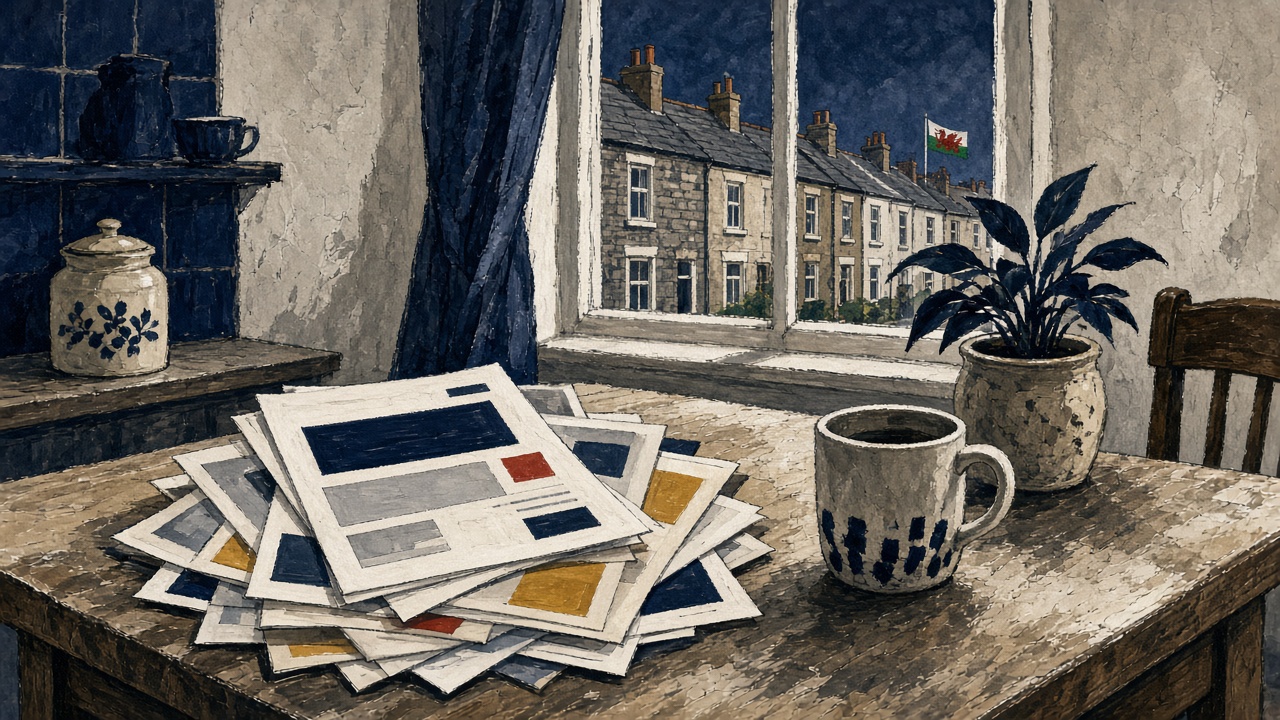 A stack of council tax band notification letters on a kitchen table beside a Welsh terrace house window