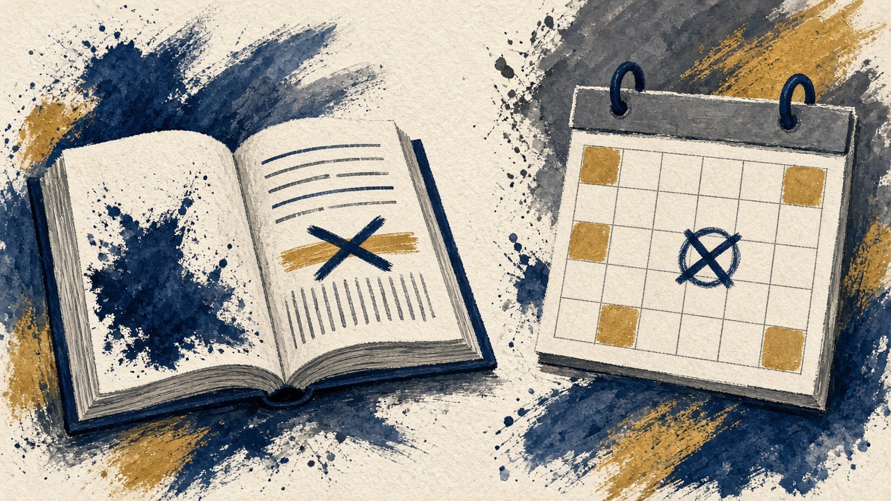 Cross-section of a statute book with a 2007 revaluation date crossed out beside a calendar