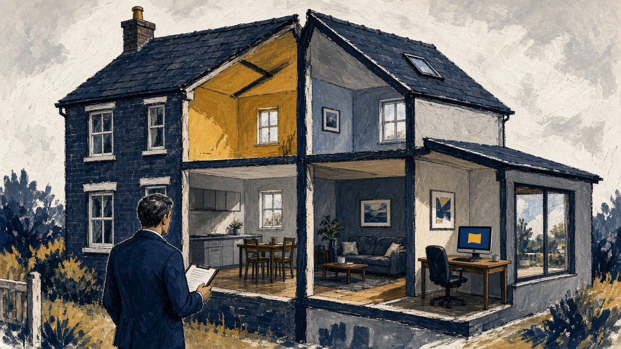Cutaway of a semi-detached house extension with a valuer's terminal showing an improvement indicator flag