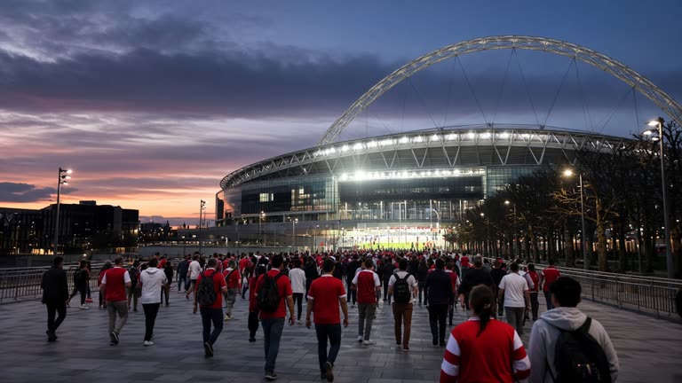 Photorealistic wide shot of Wembley Stadium at dusk before kick-off, floodlights on, supporters in red and white converging on the approach, players warming up on the pitch in the distance, no logos or readable text.