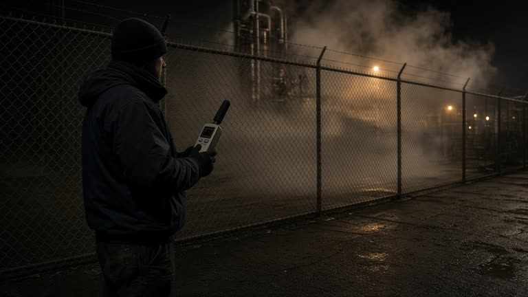 Environmental inspector holding a sound-level meter beside a chain-link factory fence at night with steam venting from pipes and distant sodium streetlights, worn asphalt and no logos or readable text