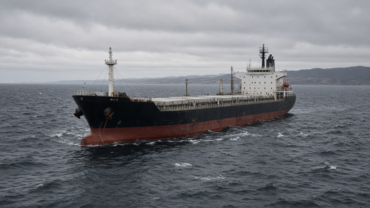 Bulk grain carrier anchored in choppy Black Sea waters with distant coastline haze, documentary wire photo, slight underexposure, no identifiable faces