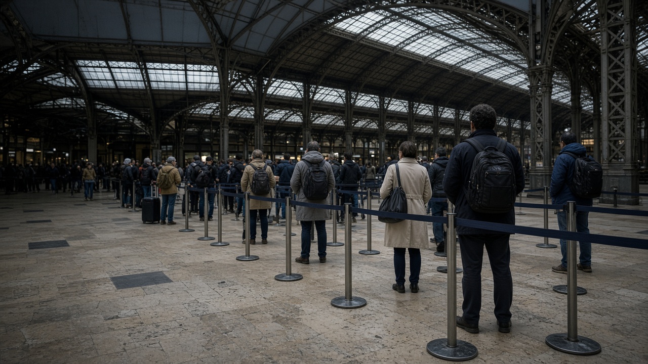 International rail station departure level with queue barriers and travellers waiting under a wrought-iron arched roof, cool interior light and scuffed stone floor, no logos or readable text