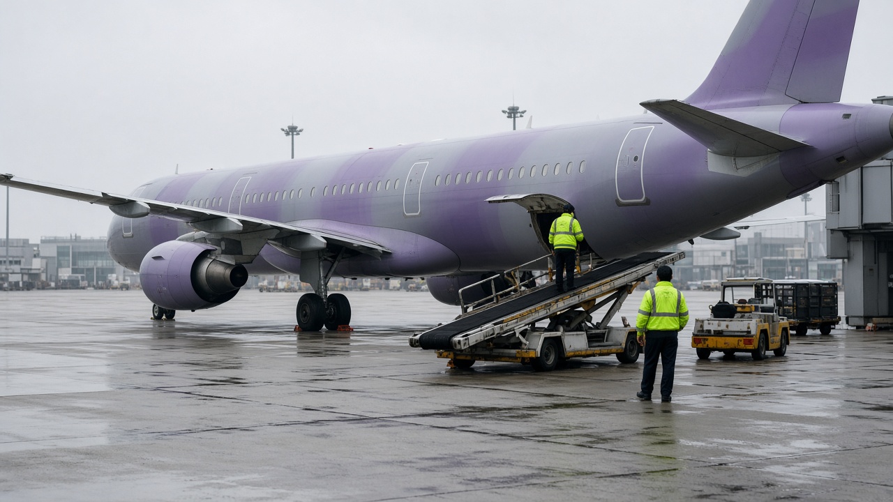 An EVA Air Airbus A321 parked at a Taoyuan airport gate with ground crew and belt loader, overcast morning light on wet tarmac, airline livery colors blurred and unreadable, no logos or readable text