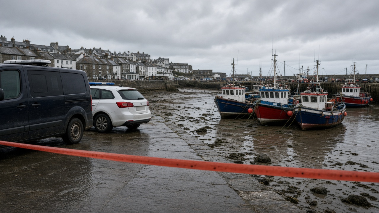 Cornish harbor at low tide with orange safety tape across a wet quay, police vehicles parked near moored fishing boats, grey overcast sky, no readable text on tape or uniforms