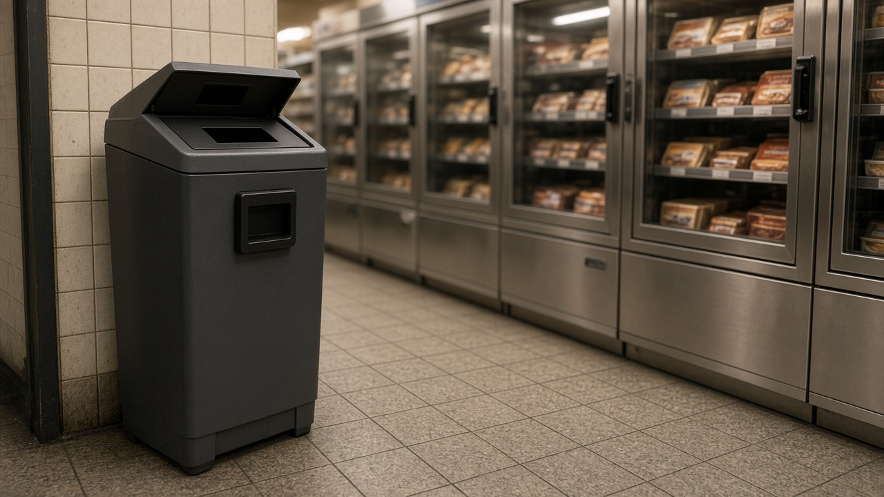 Compact RFID-equipped waste bin next to a row of microwave meal warmers in a narrow convenience store service aisle with tiled floor and warm overhead light, packaging blurred, no logos or readable text