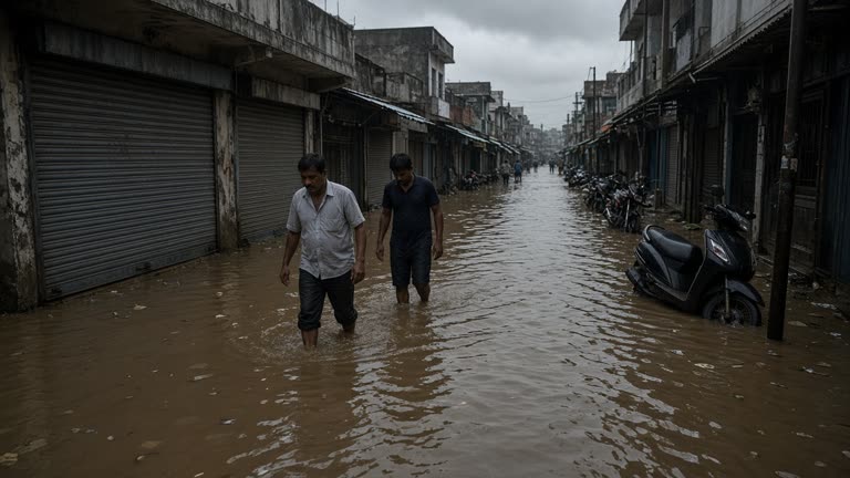 Flooded lane in a Uttar Pradesh town with residents wading through brown water past partially submerged scooters and shopfronts
