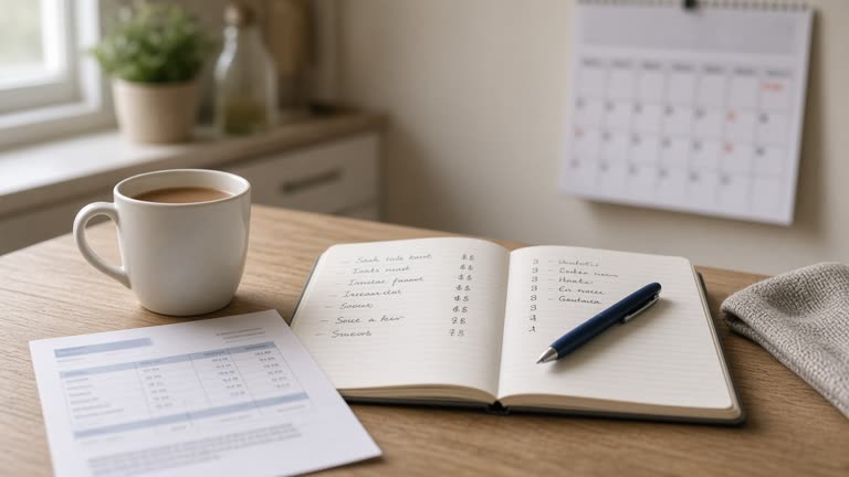 Photoreal kitchen table scene in a British home: a paper credit card statement with figures blurred beyond legibility, a biro resting on a household budget notebook, a mug of tea, and a wall calendar with a marked date, soft morning window light from the left, shallow depth of field, no logos or readable text