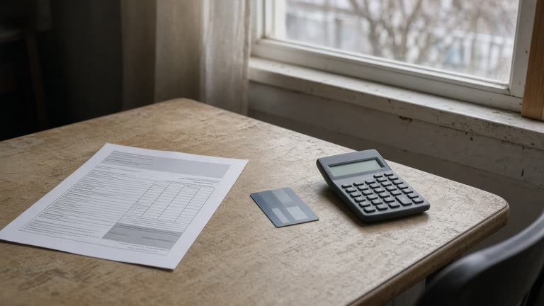 Kitchen table with a credit card, paper mortgage form and basic calculator under window light, scratched laminate surface, no logos or readable text