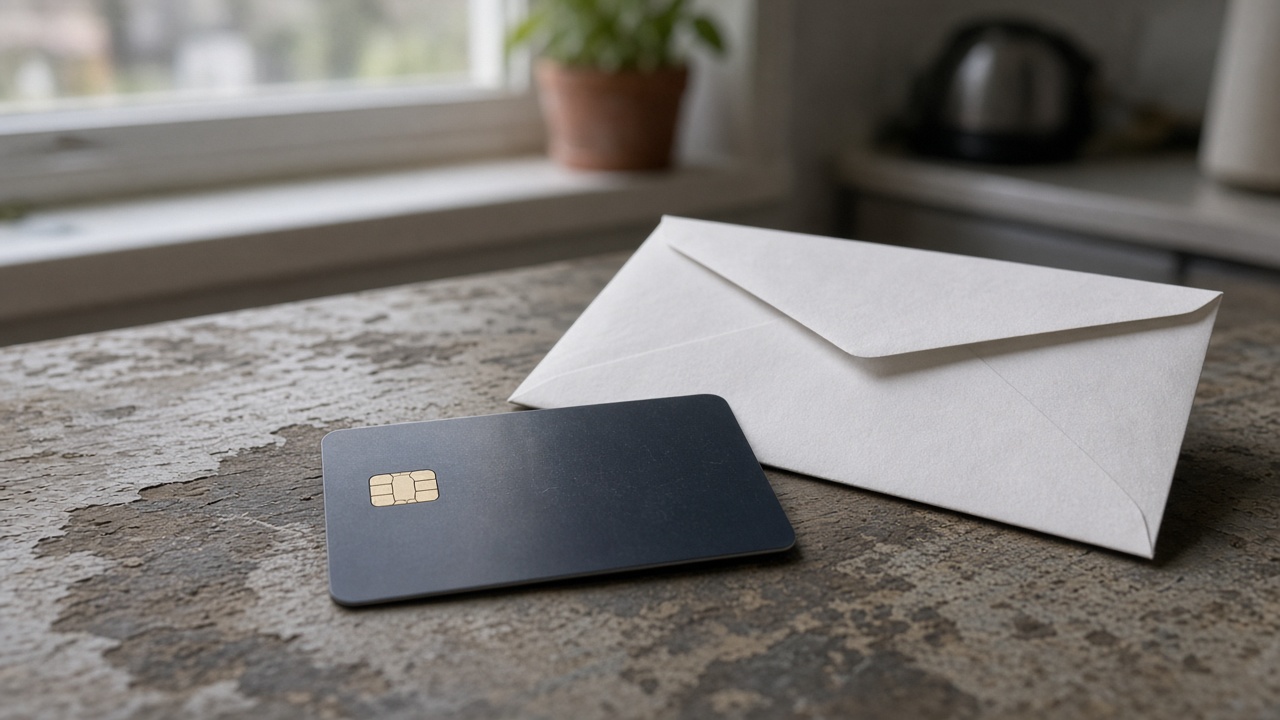 Close-up of a credit card resting on a kitchen table next to an unopened white envelope, soft daylight from a window, shallow depth of field, no readable text on card or envelope