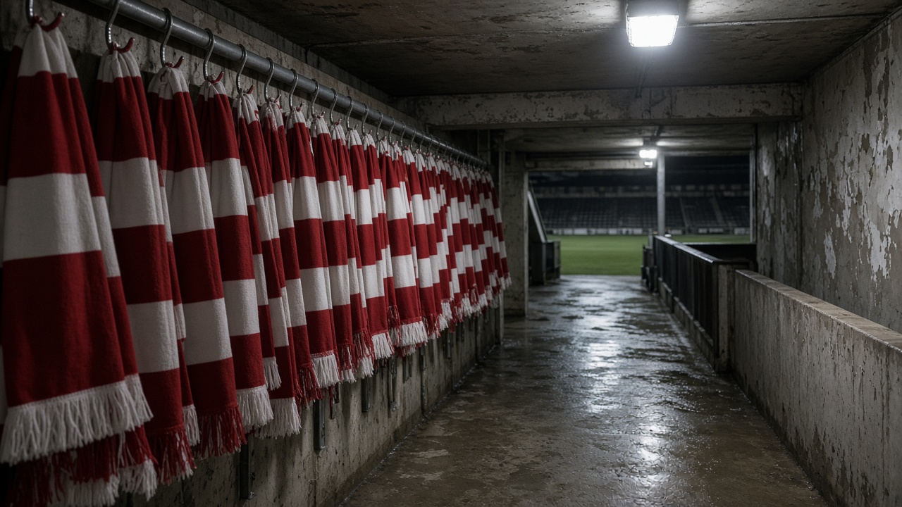 Empty football stadium tunnel with red and white scarves on a rail, wet concrete floor under floodlights, no club crests or readable text