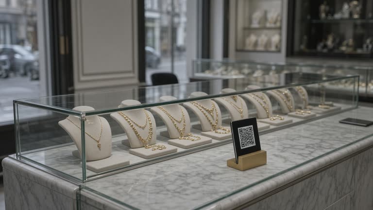 Jewellery store glass counter with gold necklaces on display and a small payment QR stand on the marble surface, no logos or readable text