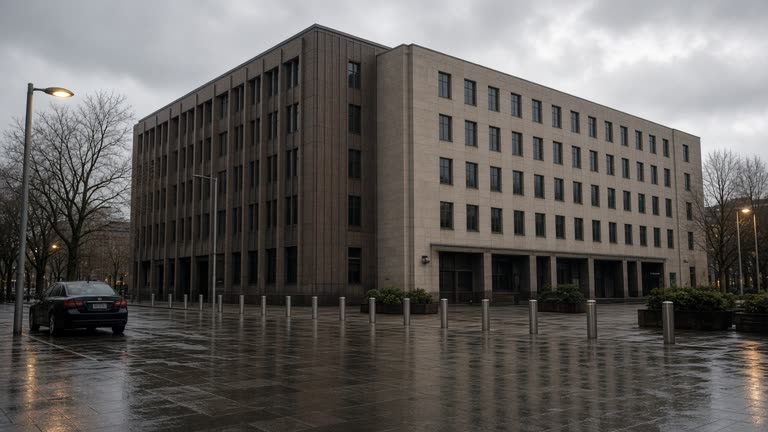 Photoreal exterior of the Reserve Bank of Australia headquarters in Sydney at dawn, wet pavement, security bollards, parked sedan, overcast sky, no logos or readable text