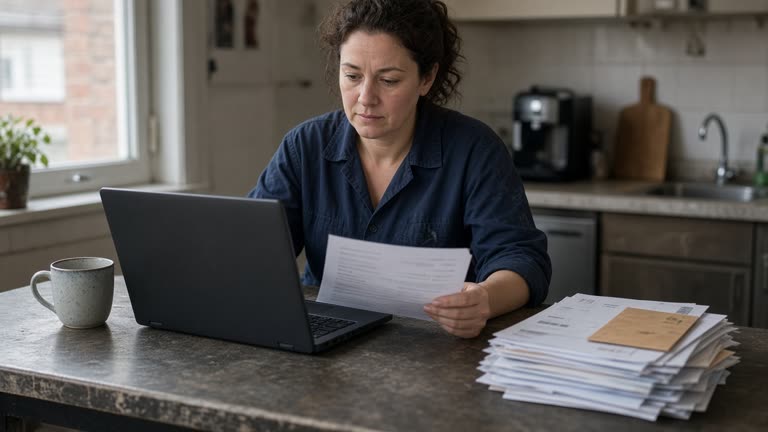 Photoreal scene: a woman in her late thirties in a work shirt sits at a kitchen bench with an open laptop and a single paper mortgage statement, a coffee mug beside her and a stack of unopened bank envelopes at her elbow, soft morning light through a window, shallow depth of field, all document text blurred and unreadable, no logos or readable text.