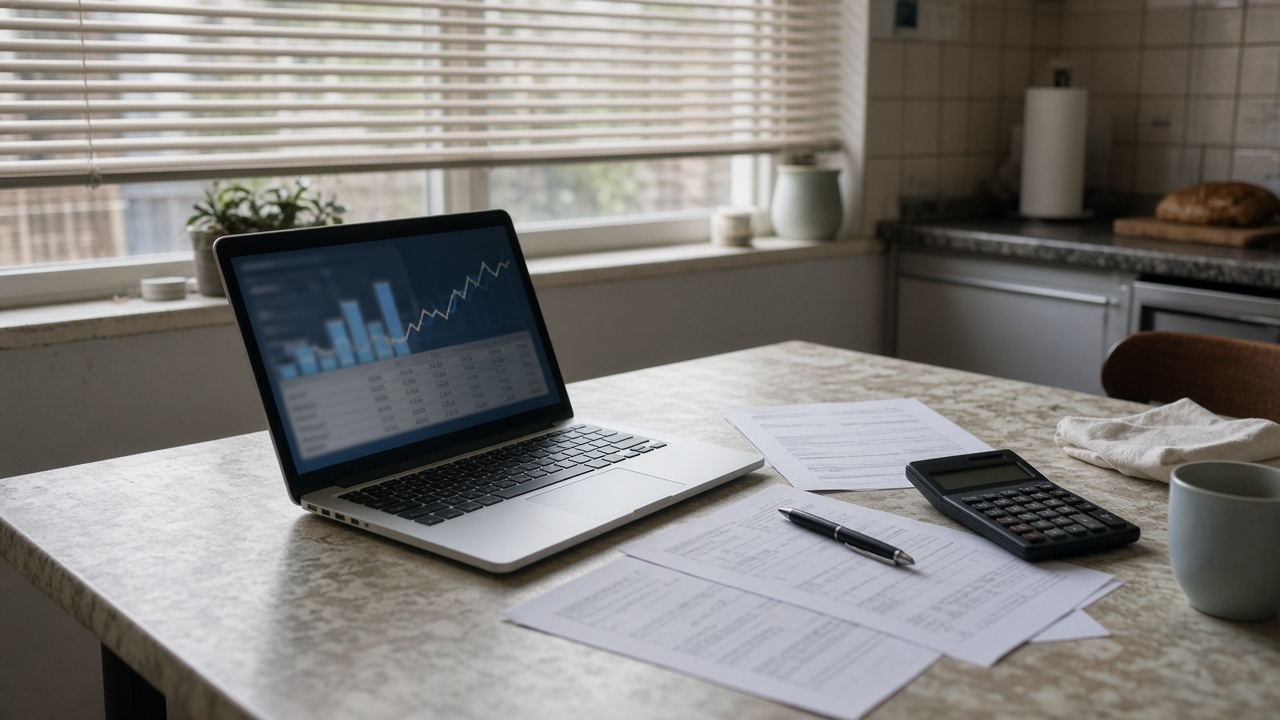 Kitchen table with laptop showing blurred banking charts, paper statements and a calculator, morning light through venetian blinds, suburban Australian home, no readable text or logos
