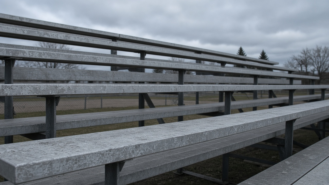 Empty weathered wooden bleacher row, gray overcast sky, no people, no logos, no readable text