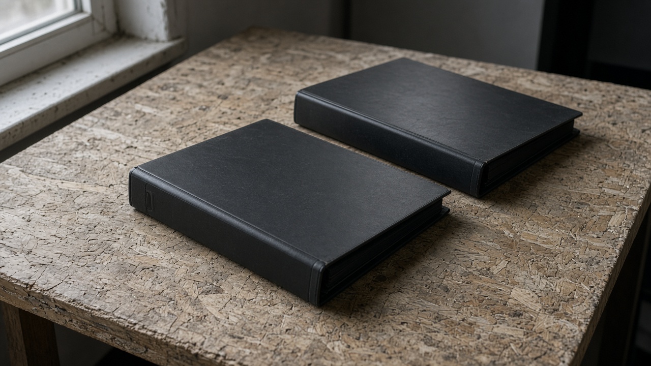Two closed blank black ring binders on their sides on a wood table, overcast window light, no people, no logos, no readable text