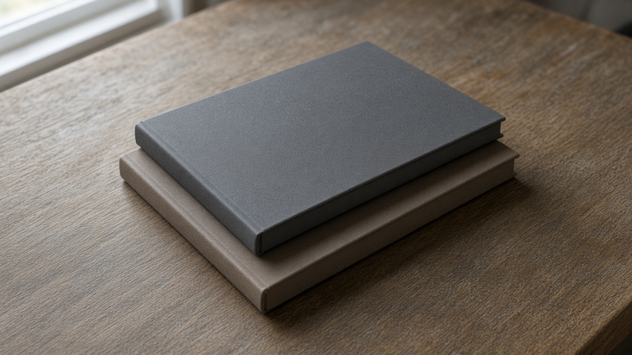 Closed unlabeled black hardcover notebook face-down on a wood desk, blank cover, overcast window light, no people, no logos, no readable text
