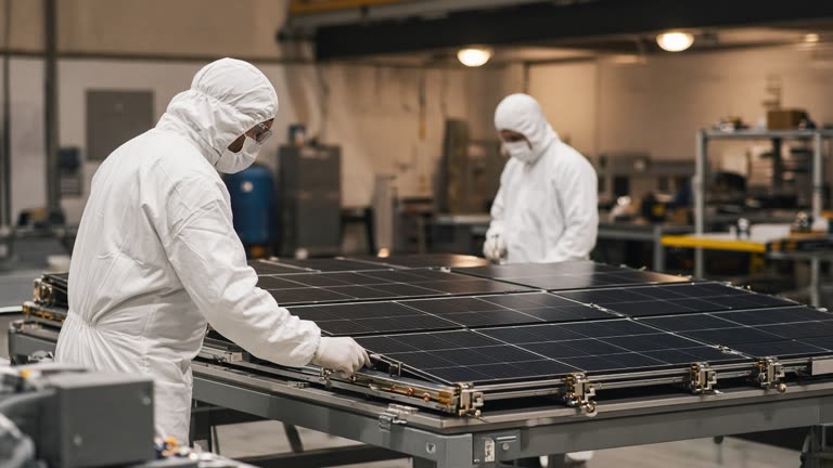 Technicians in white clean-room suits beside a folded solar array under sodium workshop lights at a UK space facility, documentary wire photo, no logos or readable text