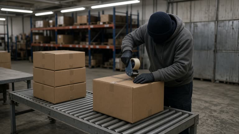 Warehouse packing station with brown cardboard boxes on a metal roller table, a worker taping a carton with a handheld gun, fluorescent lights and scuffed concrete floor, no logos or readable text