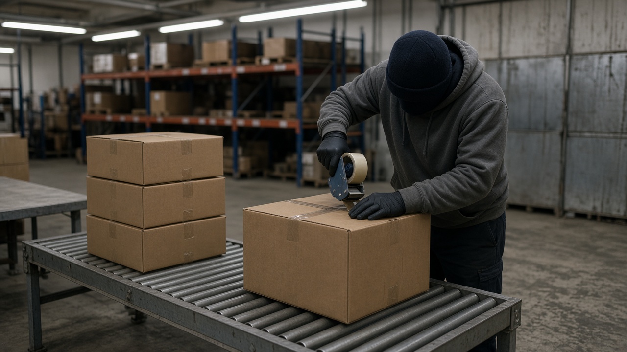 Warehouse packing station with brown cardboard boxes on a metal roller table, a worker taping a carton with a handheld gun, fluorescent lights and scuffed concrete floor, no logos or readable text