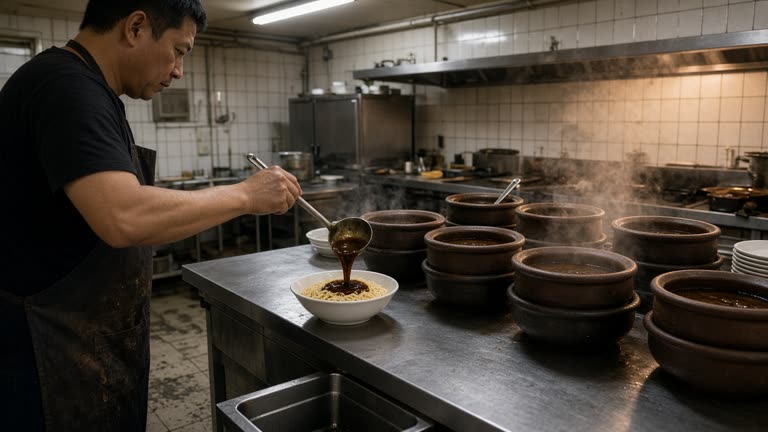 Photoreal scene of a basement food-hall reopening morning: a cook ladling dark lor mee gravy over noodles at a stainless counter, stacked claypots steaming beside a service hatch, trays and stools under soft mall light, no logos or readable text.