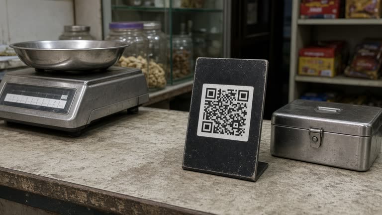 Handheld UPI QR standee on a Delhi kirana shop counter beside weighing scale and steel cash box, fluorescent tube light, worn laminate surface, no logos or readable text