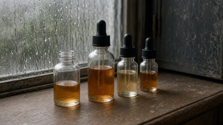 Glass skincare serum bottles on a wooden vanity beside a window with monsoon rain streaks, soft daylight, amber liquid visible, no brand labels or readable text