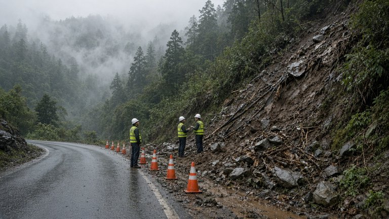Mountain road with forestry warning cones and mudslide debris on a rainy forest slope
