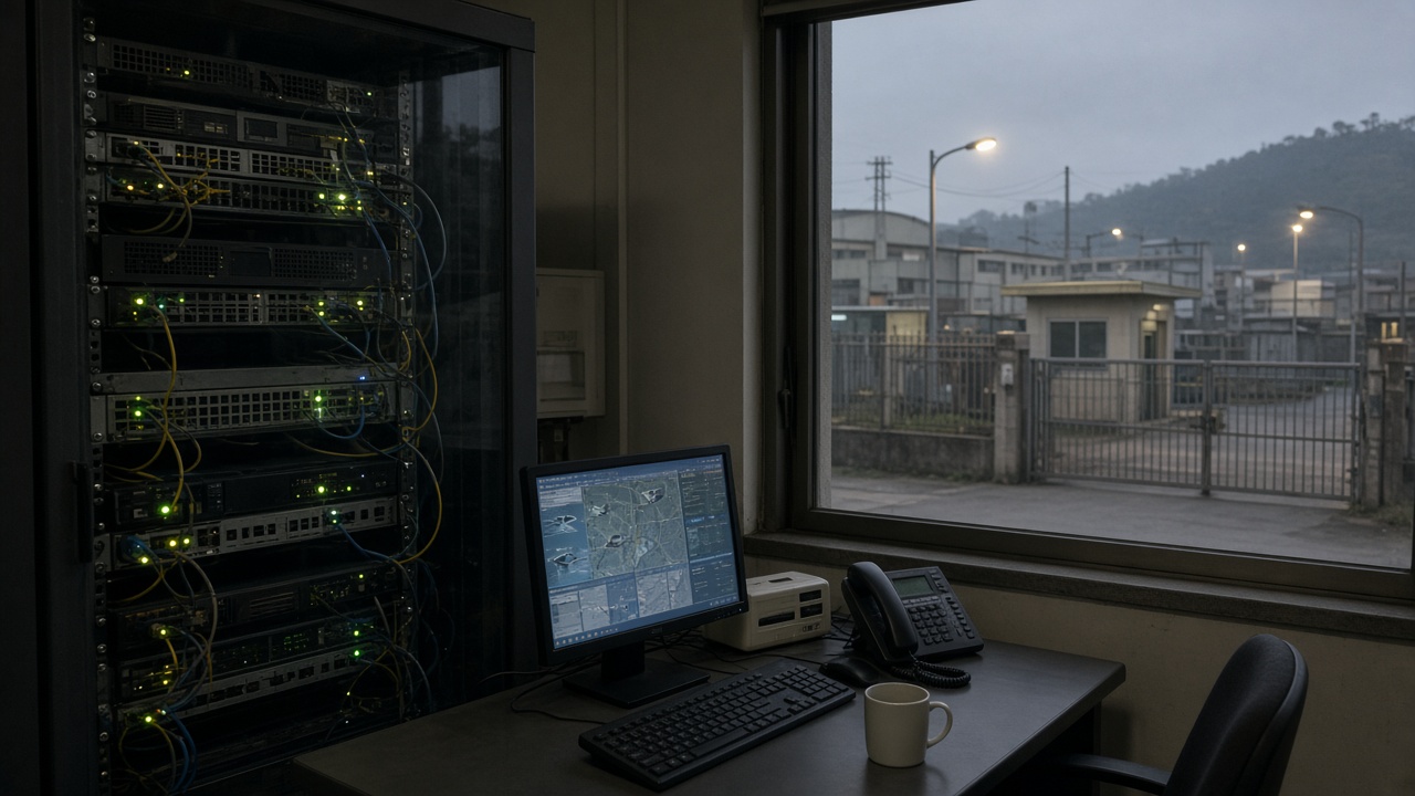 Glass-fronted server rack in a Taiwan industrial plant security office beside a guard desk with monitor glow and a fenced campus gate visible through a window at dusk, no logos or readable text