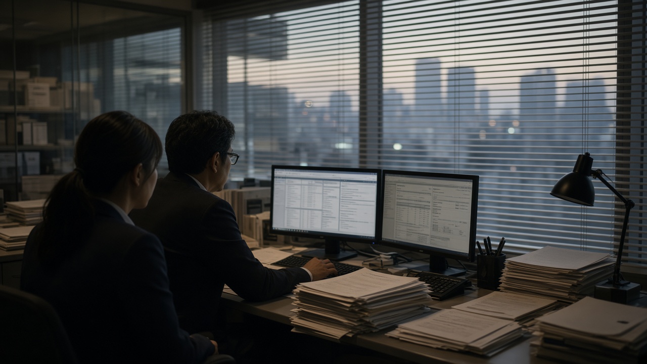 Bank compliance staff reviewing monitors in a Tokyo office, documents and screens without readable text.