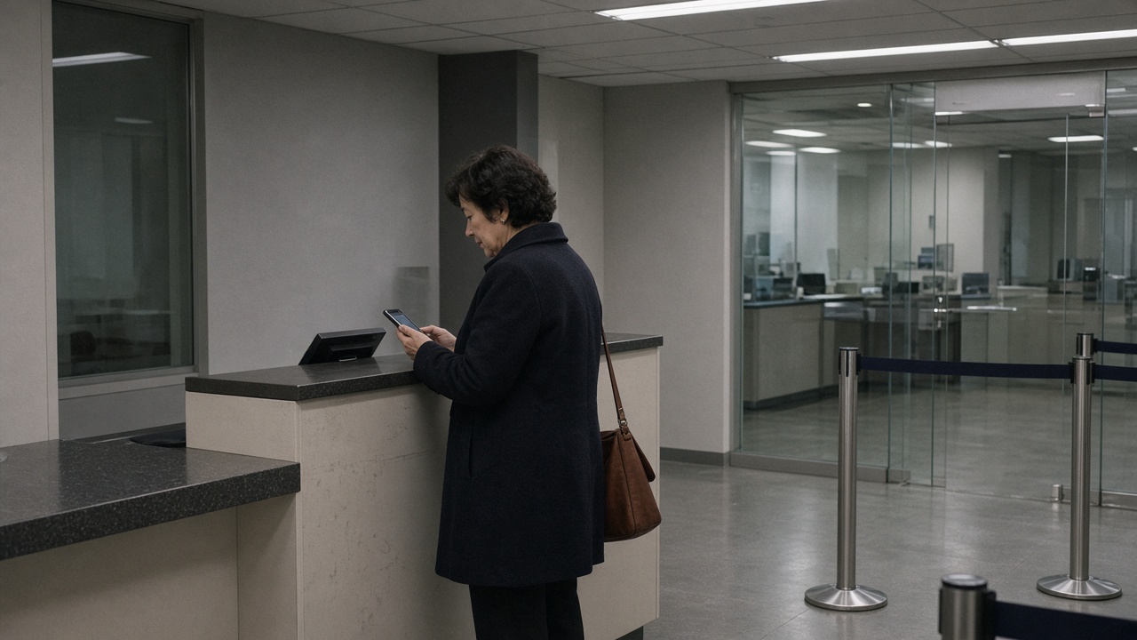 Muted bank branch interior with customer using a smartphone at a service kiosk, glass partitions and queue ropes, fluorescent lighting, no logos or readable text