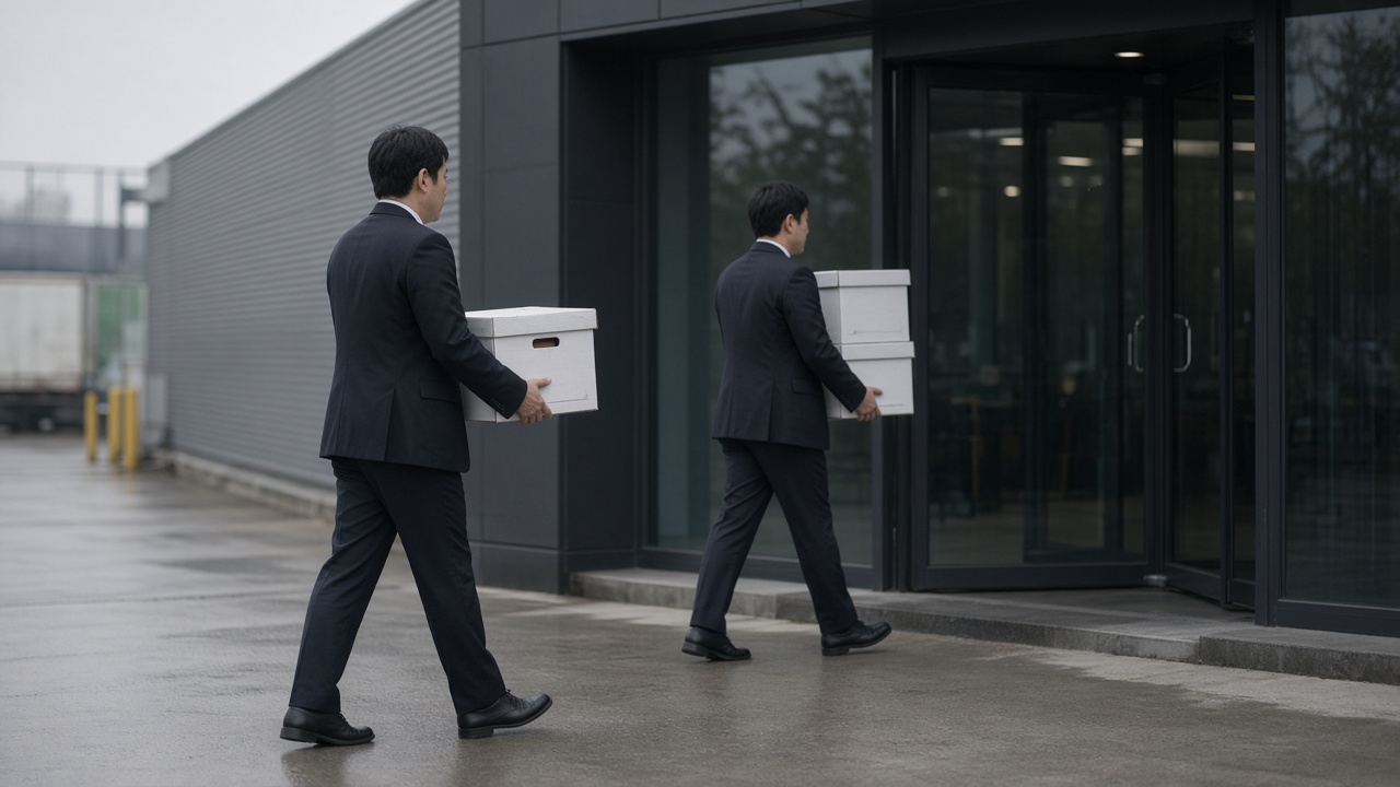 Fair Trade Commission officials carrying document boxes past the glass entrance of a Coupang logistics building on an overcast morning in Gyeonggi