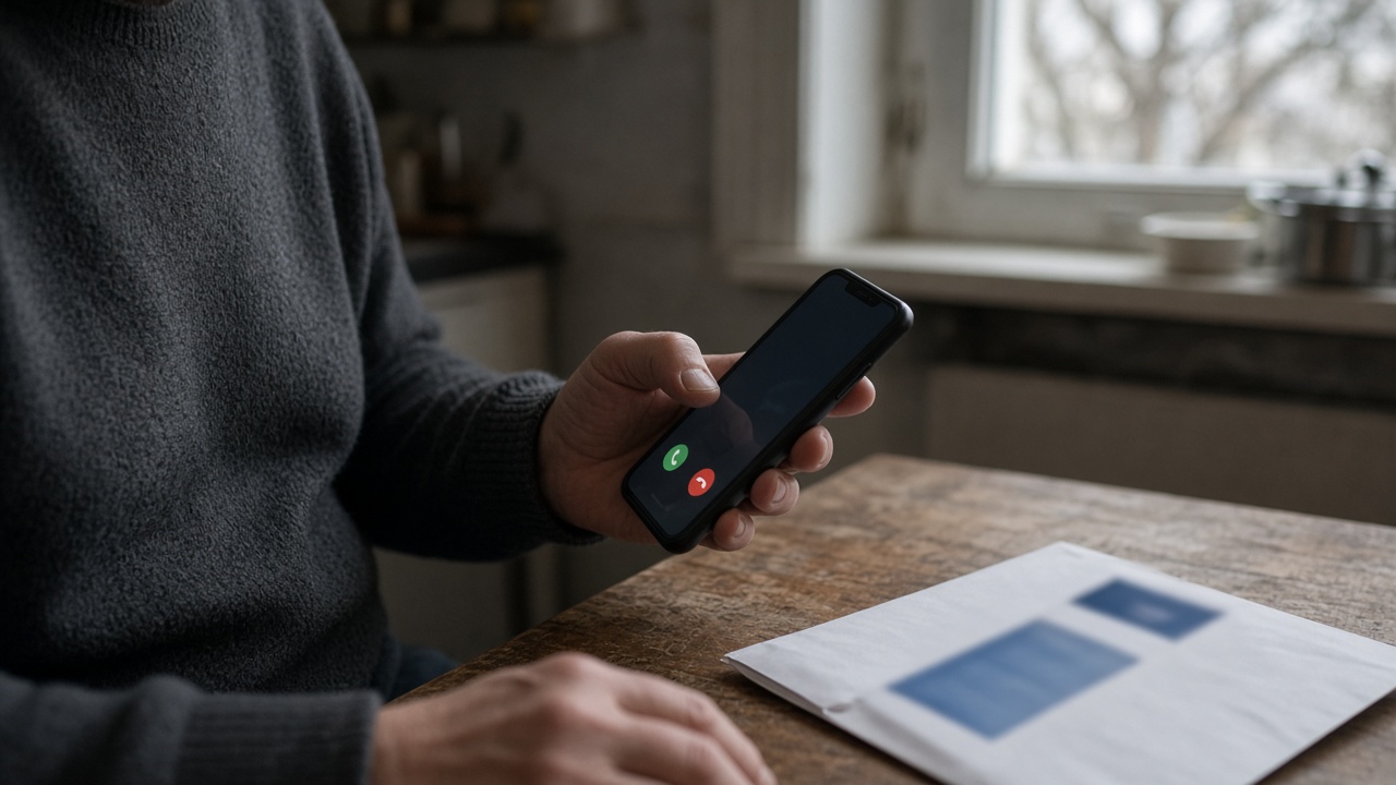 Older adult holds a smartphone showing an unknown incoming call on a kitchen table next to a blurred Medicare card envelope, warm window light, no readable text on the screen