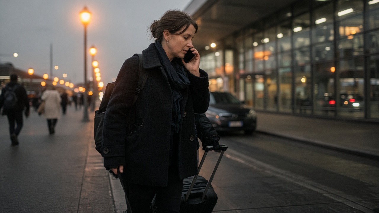 Traveler at a busy airport curbside at dusk holding a phone to their ear with rolling luggage, sodium vapor street lamps and blurred terminal glass, no logos or readable text